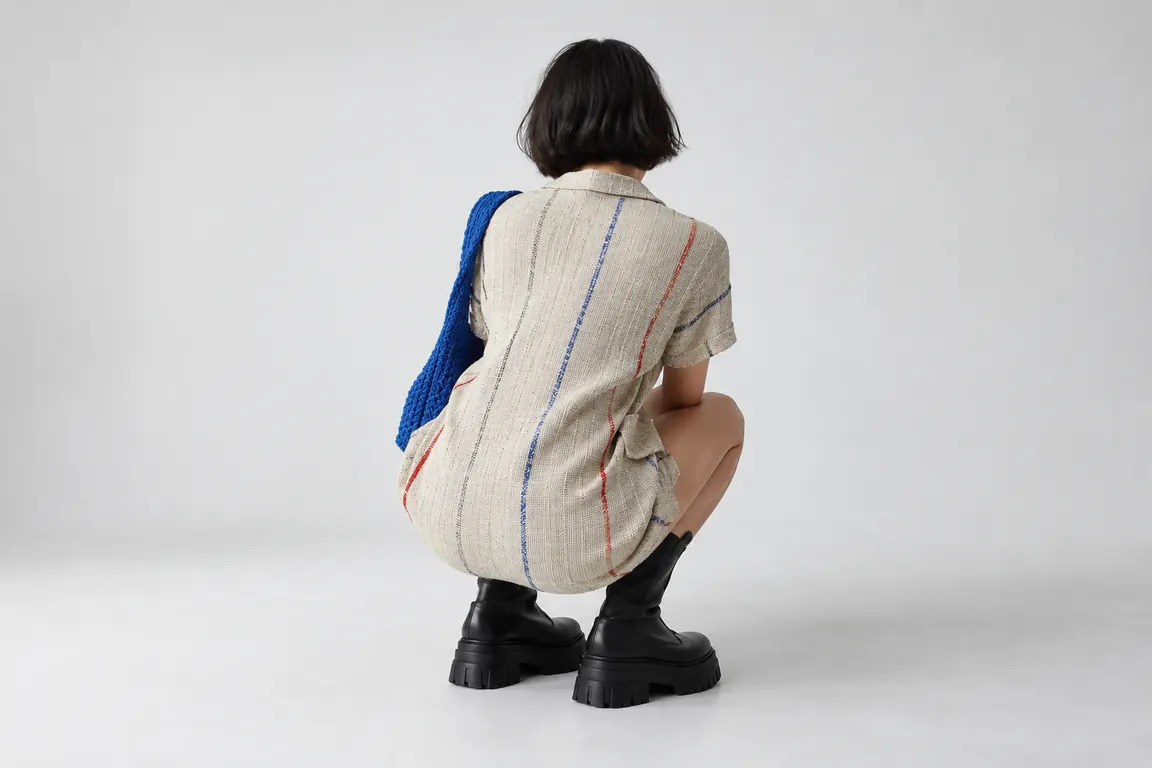 Model crouching in platform boots and a beige striped tunic