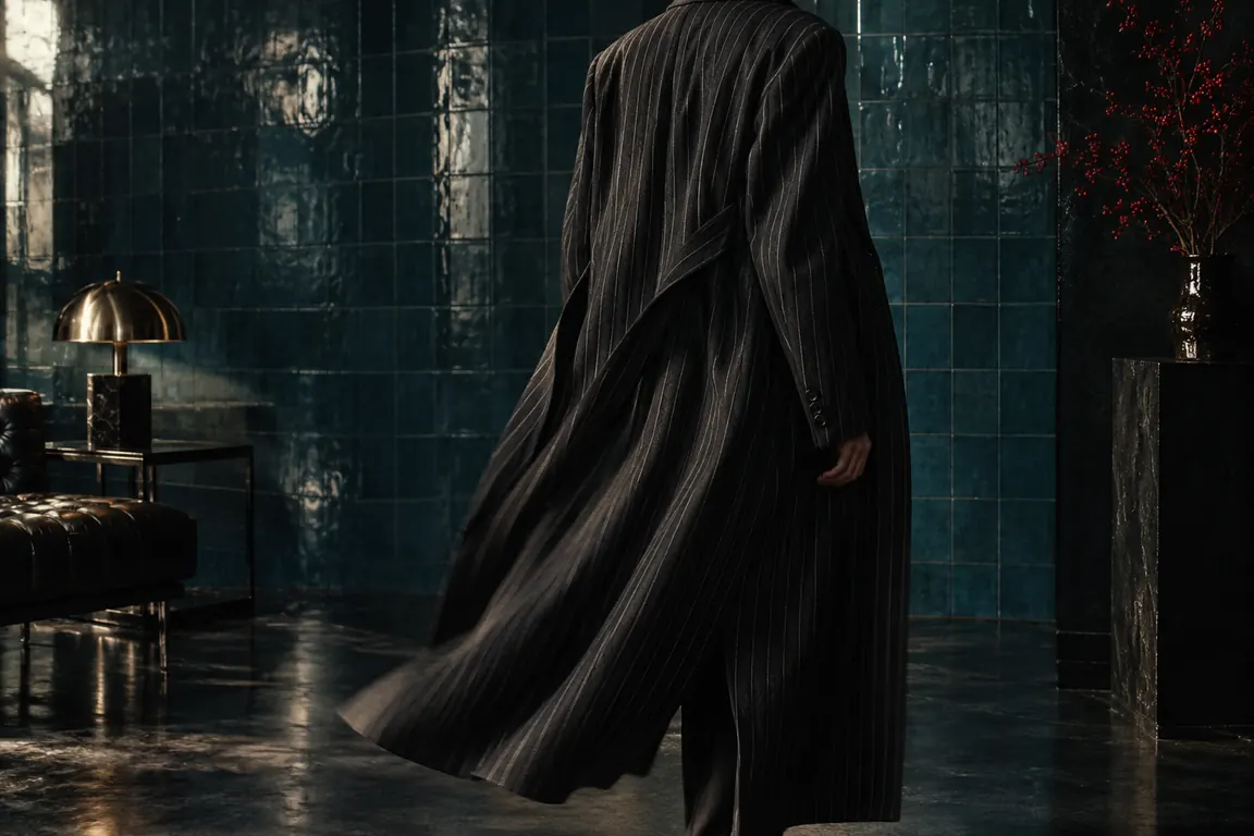 Long pinstripe coat in motion against a teal tiled wall