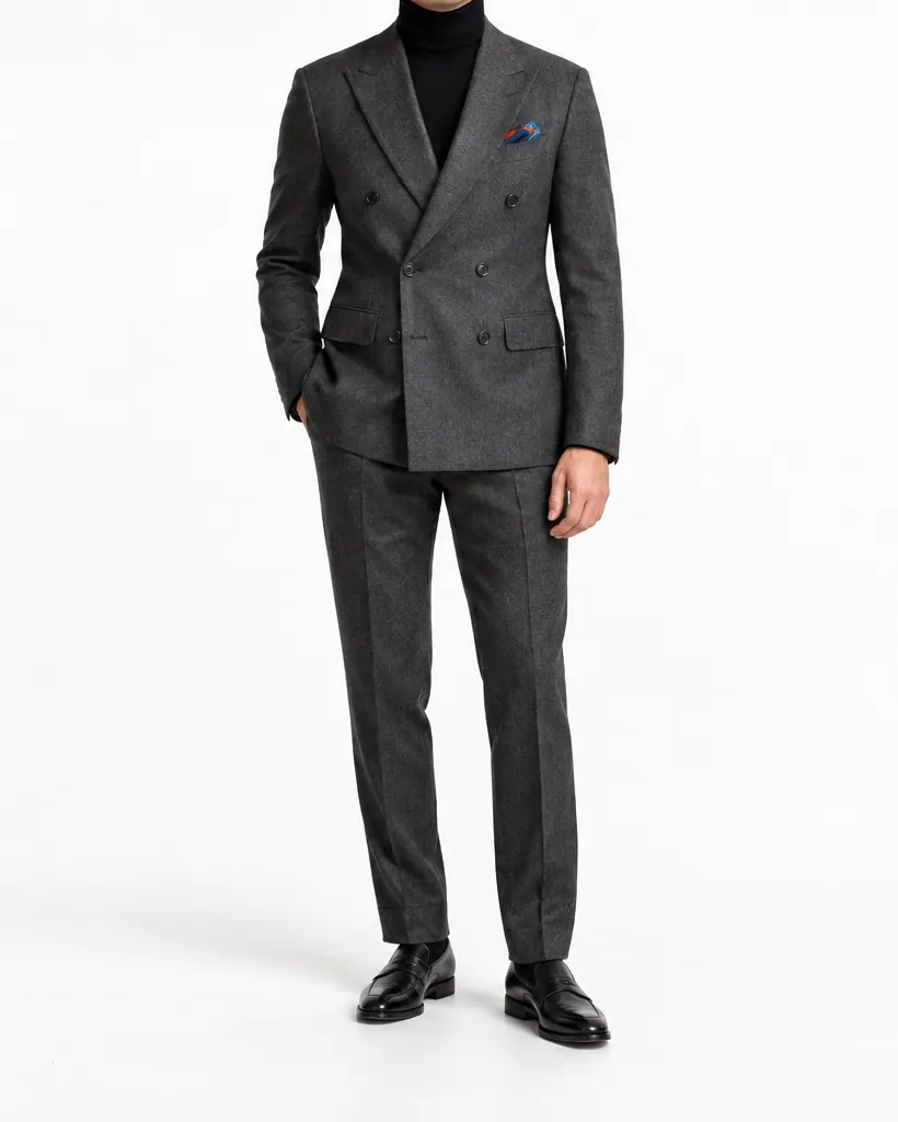 Charcoal double-breasted suit with a black roll-neck