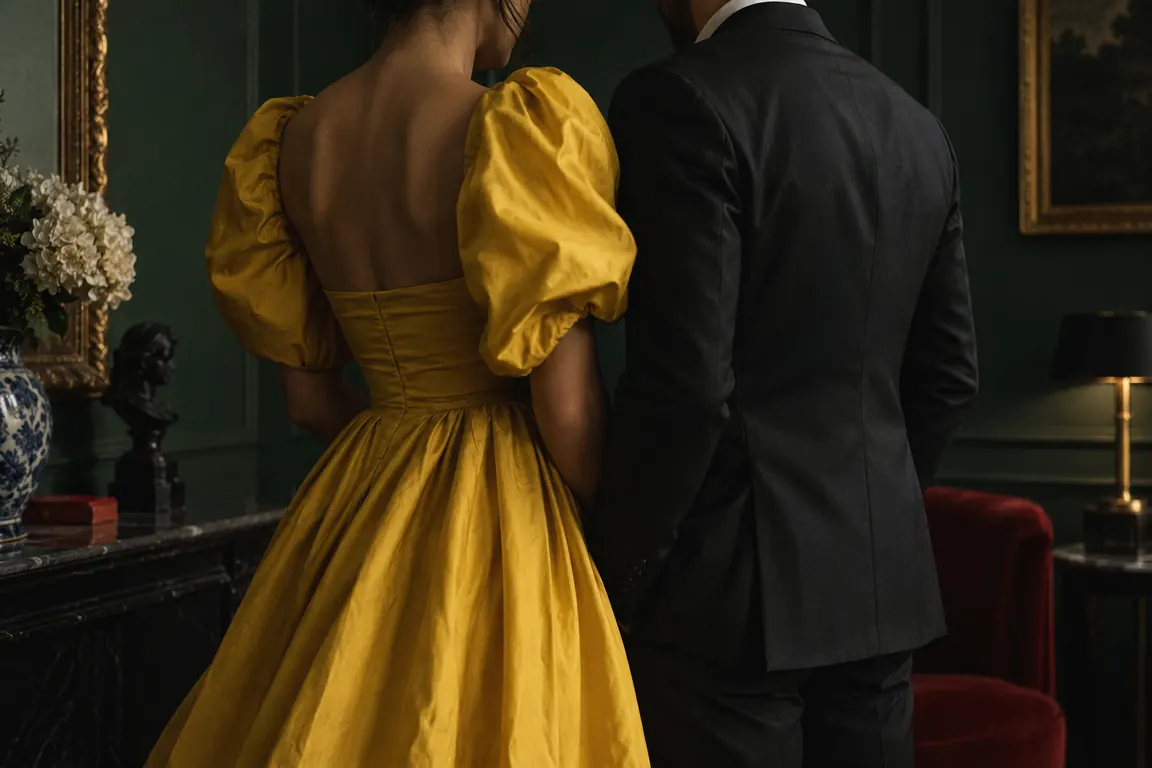 Two models in a dark green interior, a yellow dress and a black suit