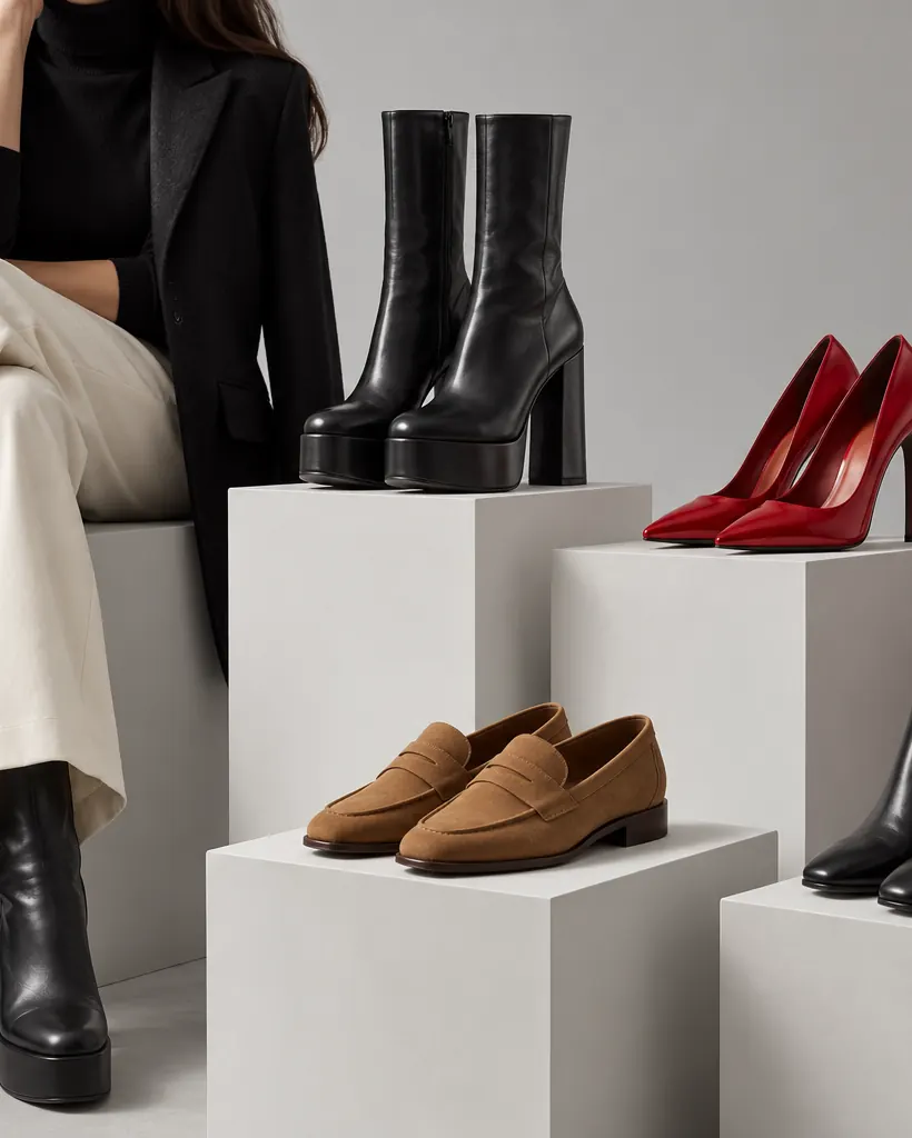 Boots, heels and loafers arranged on white plinths