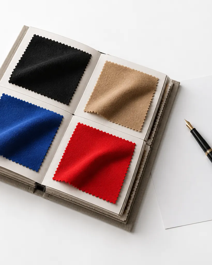 Fabric swatch book and a fountain pen on blank paper