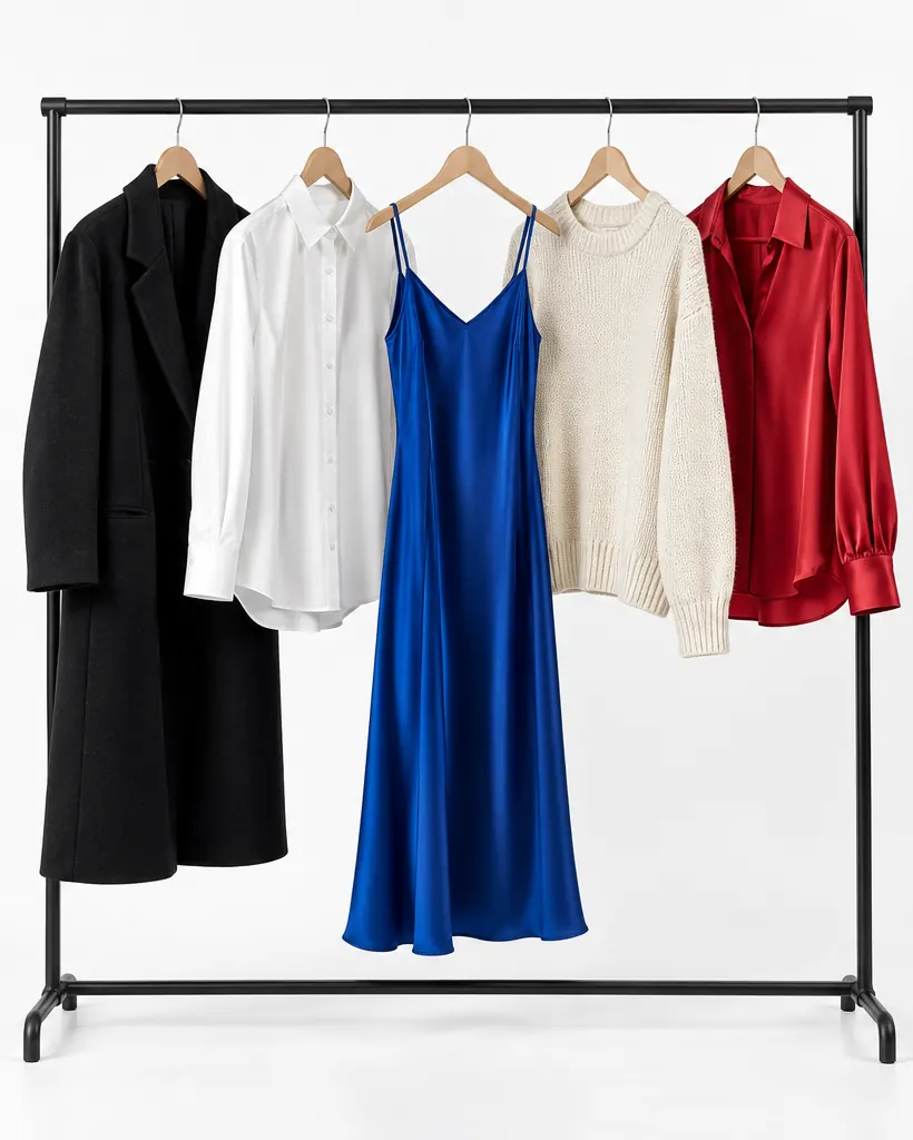 Clothing rail with a coat, shirt, blue dress, knit sweater and red blouse