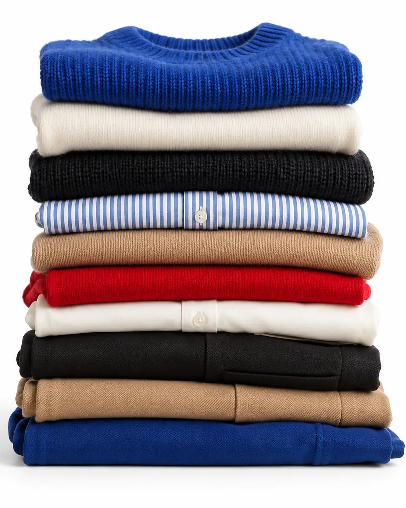 Stack of folded knitwear, shirts and trousers